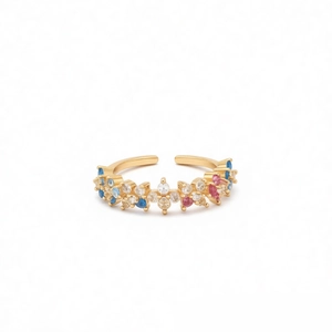 Exquisite 18k gold plated adjustable open ring featuring vibrant multi-color zircons
