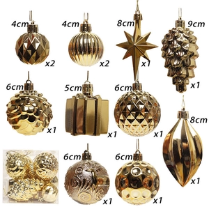 Detailed set of diverse golden electroplated Christmas tree ornaments with varied patterns