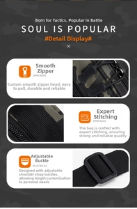 Detail of durable jungle camouflage tactical bag with smooth zipper and adjustable buckle