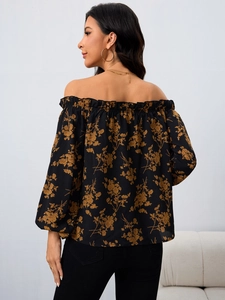 Elegante Damen-Bluse mit Blumenmuster, schulterfrei, Langarm, in Schwarz und Gelb-Braun