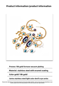 Detailed showcase of 18K gold plated stainless steel evil eye earrings and ring set