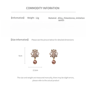 Size information and material details for hollow pearl earrings with rhinestone accents