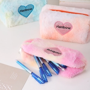 Plush gradient tie-dye makeup bag with rainbow heart embroidery in multiple colors