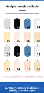 Macro display of assorted rectangular stainless steel dog tags in 16 colors and finishes