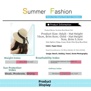 Detailed view of women's straw sun hat showing texture, ribbon bow, and size dimensions
