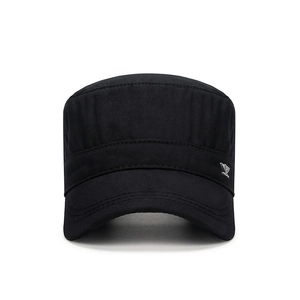 Breathable black cotton flat top army cap with silver eagle badge and reinforced brim