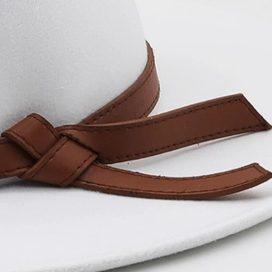 Elegant white wool felt boater hat with a knotted brown leather band for men and women
