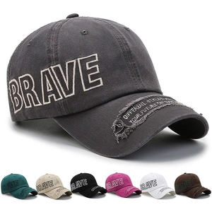 Brave Letter Embroidered Baseball Cap Washed Cotton Twill Distressed Frayed Brim Vintage Retro Outdoor Sun Hat Unisex