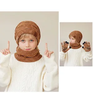 Kinder winter gebreide muts sjaal en handschoenen set met fleece voering koffiebruin
