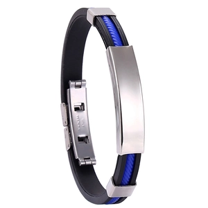 Bracelet homme en acier inoxydable et caoutchouc noir avec cordon bleu et fermoir métal