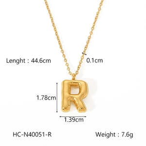 Detailed size chart for golden puffy bubble letter R necklace in stainless steel