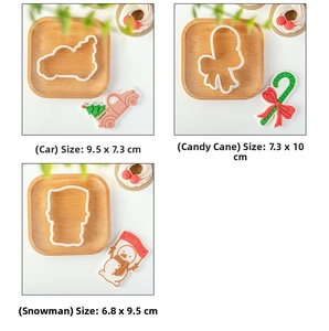 Three-grid detail of Christmas car, candy cane, and snowman cookie cutters with size info