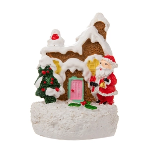 Miniature resin gingerbread house with Santa Claus and snowy tree Christmas ornament