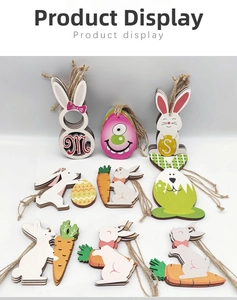 Detailed view of assorted Easter wooden hanging tags featuring rabbits and painted eggs