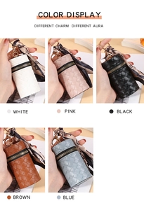 Compact woven leather coin purses shown in five colors with stylish decorative ribbons