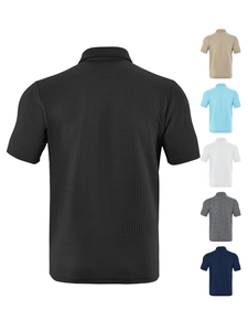 Detail view of men's polo shirt back showing the textured jacquard fabric and color options