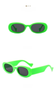 Front and side view of oval fluorescent green sunglasses with dark grey lenses