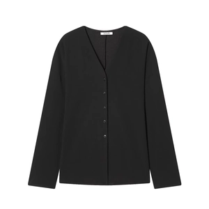 Damen Langarm V-Ausschnitt Knopfleiste Bluse Einfarbig Polyester Chiffon Mode Lässig Oberteil