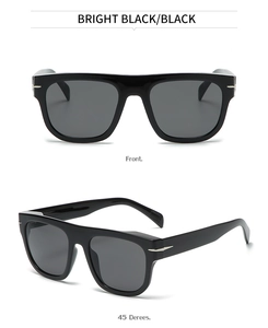 Front and 45-degree angle views of glossy black oversized square frame sunglasses