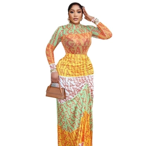 Slim fit long sleeve dress with colorful prints and high collar for stylish women