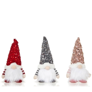 Three sequined Christmas gnome dolls in red, grey, and pink with striped arms on white
