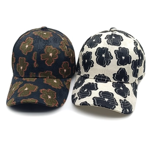 Spring floral print baseball cap with jacquard texture in navy blue and cream white