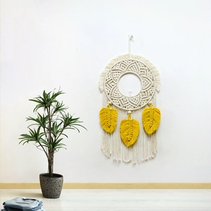 Bohemian handmade woven wall hanging tapestry with yellow leaf tassels and wooden beads