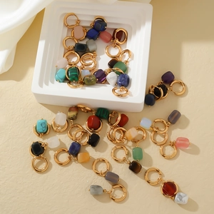 Elegant gold hoop earrings with multi-colored geometric natural stone pendants set