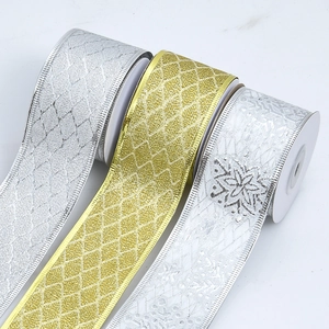 Three rolls of glitter wired diamond ribbons for gold and silver Christmas tree decoration
