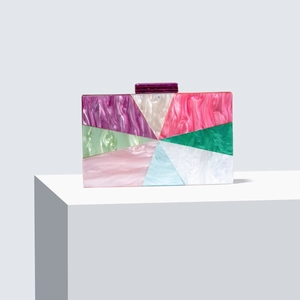 Multicolor acrylic clutch bag with geometric marble pattern and purple top clasp