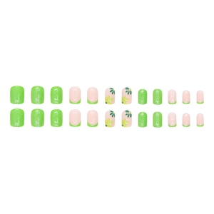 Sparkly green french tips press-on nails with floral pattern 24pcs short square set