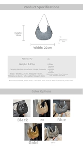 Size guide for crescent underarm bag showing dimensions 22x10x6cm and five color options