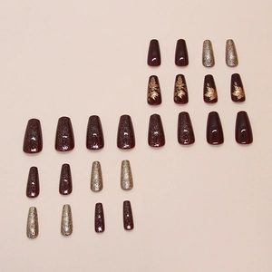 Autumn amber and gold maple leaf coffin shape press-on nails 24pcs set for women