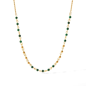 Detailed view of 18K gold-plated necklace with natural green beads and steel chain