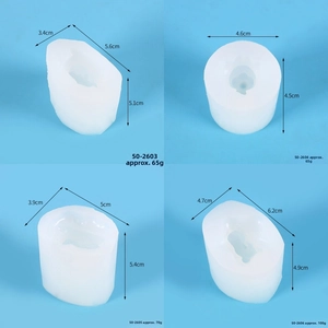 Detailed size specifications and weight for four unicorn silicone candle mold designs