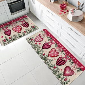 Two-piece Valentine's Day kitchen rug set with heart and bow patterns in a modern kitchen