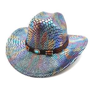 Holographic snake skin western cowboy hat with turquoise beaded band on white background
