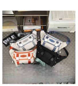 Detailed view of durable nylon crossbody bags in five colors with adjustable straps