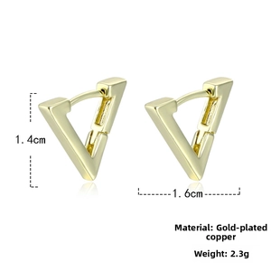 Detail view of gold triangle hoop earrings with dimensions 1.4cm by 1.6cm and 2.3g weight