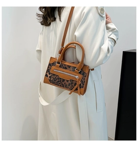 Brown leopard print mini square crossbody bag worn by a model against a white wall