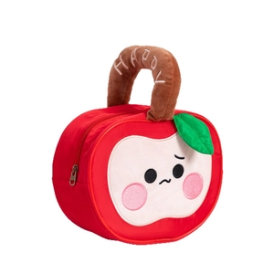 Cute red apple plush tote bag with Happy embroidery handle and cartoon facial expression