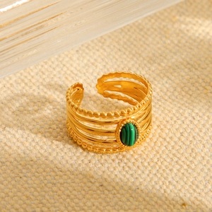 Vintage French Palace Style Open Ring Stainless Steel Multi Layer Hollow Green Malachite Oval Gemstone Adjustable For Women