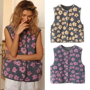 Women Sherpa Fleece Vest Floral Print Button Down Sleeveless Jacket Crew Neck Waistcoat With Pockets Casual Winter