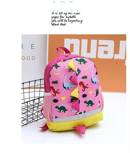 Pink dinosaur backpack with reflective safety strip and 3D spikes for children