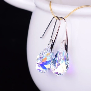 Sparkling crystal teardrop earrings with colorful AB coating and simple silver hooks