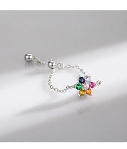 Macro detail of adjustable S925 silver ring with colorful zircon flower petals