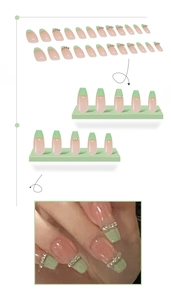 Detail view of mint green French tip press-on nails with silver rhinestone accents