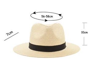 Detailed size chart for straw hat featuring 56-58cm head circumference and 7cm brim width