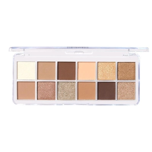 12-color earthy eyeshadow palette featuring matte and shimmer textures in a clear case