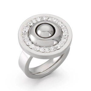 Double-layered silver stainless steel ring with white zircon stones on white background